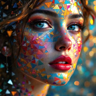 The primary subject of the image is a woman with a face painted with a colorful pattern, featuring a mix of triangles and diamonds. The setting is a brightly lit environment, possibly a studio or a stage. The visual style of the image is a combination of photo and digital art, creating a unique and eye-catching appearance. The colors and mood of the image are vibrant and lively, with the woman's face being the main focus of the scene.